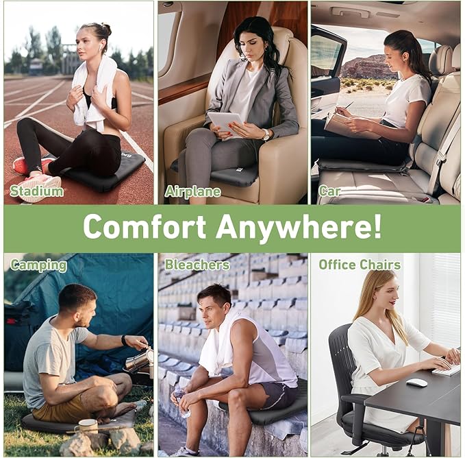 Inflatable Seat Cushion, Self Inflating Memory Foam Stadium Seat Cushion Lightweight Camping Chair Pad Airplane Cushion for Long Flights Outdoor Travel Bleacher Office Car Backpacking (Grey-2pack)