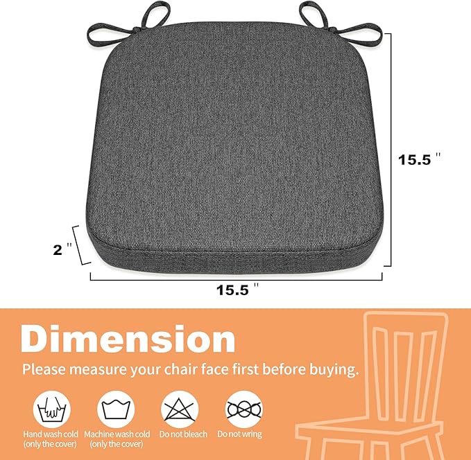 SINOSSO Memory Foam Chair Cushion for Folding Chair 1 Pcs, Thickened 2" Square Kitchen Chair Pad with Ties, Indoor Non-Slip Dining Chair Seat Cushion (1 Piece, Dark Grey)