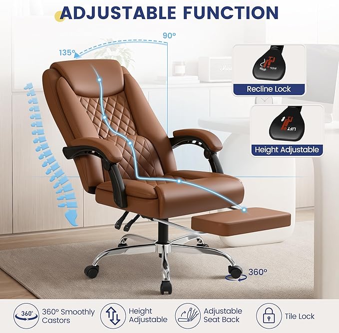 Shahoo Big and Tall Office Chair Height Adjustable Faux Leather Chair with Footrest and Lumbar Support, Ergonomic High Back Computer Chair with 360° Swivel Wheels Task Chairs for Office Home, Brown