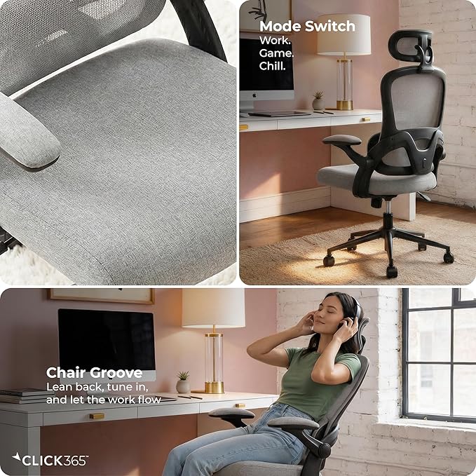 AeroCore M320 Ergonomic Office Chair, High Back Breathable Mesh Computer Chair with Lumbar Support, Adjustable Headrest & Tilt, Flip-Up Arms, 360° Swivel Home Office Desk Chair, Gray