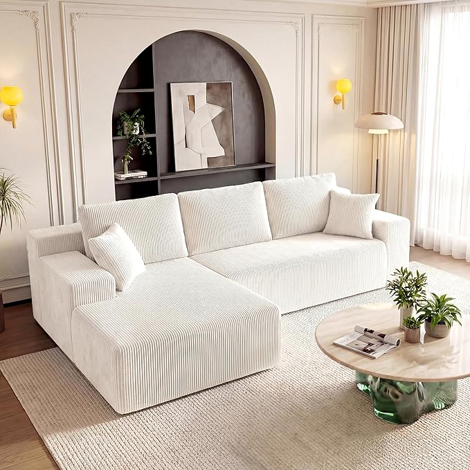 GRUSIGN Cloud Sectional Boneless Couches for Living Room, Modular L Shaped Couch with Deep Seat Oversized Left Facing Chaise, Memory Foam Compressed Spineless 3 Seater Sofa for Apartment, Beige | No Assembly Required, Deep Seat, Cat-Claw Resistant, Fle...