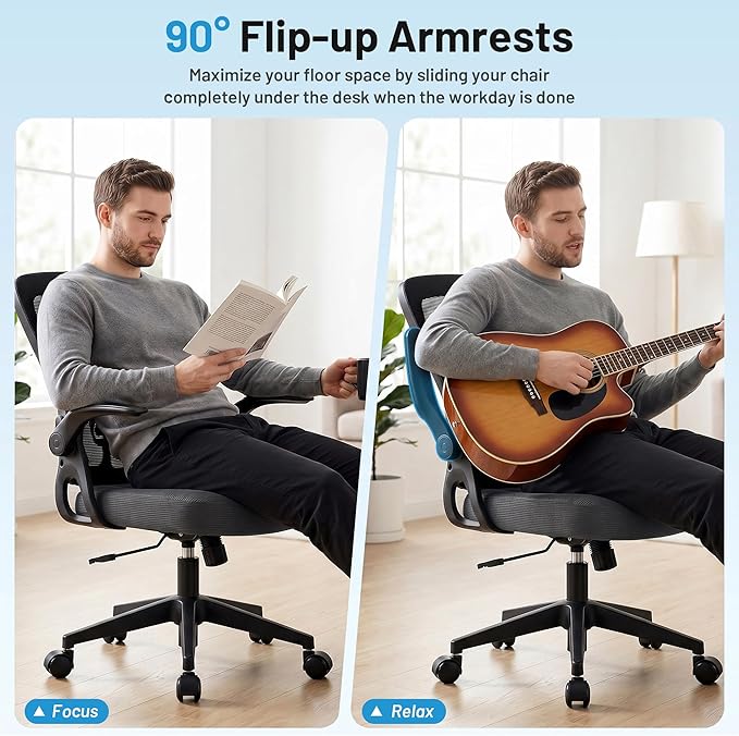 Office Chair Ergonomic Desk Chair with Adjustable Lumbar Support, High Back Breathable Mesh Chair with 120° Tilt Function & Flip-Up Armrests, Swivel Comfy Task Computer Chair for Work, Study