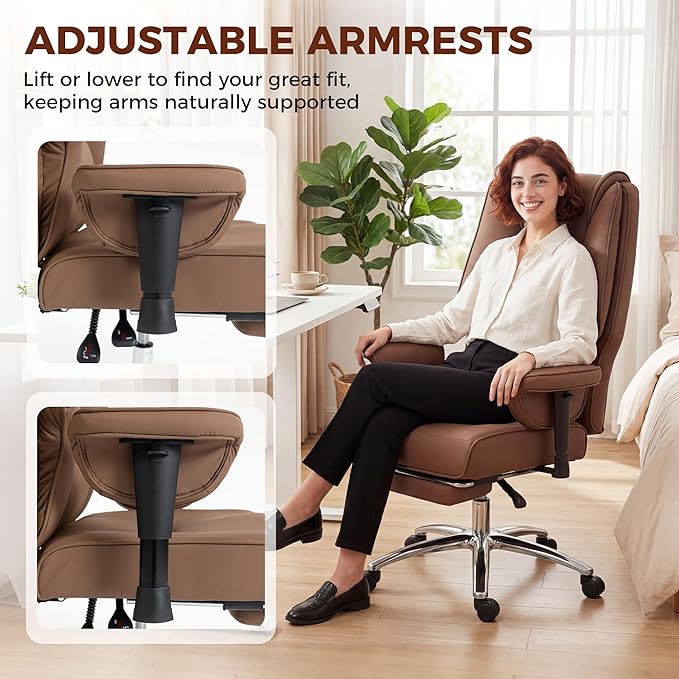 HOMCOM Ergonomic Executive Office Chair with Foot Rest, Reclining Swivel Computer Desk Chair with Adjustable Armrests, Spring Seat, High Back, Thick Cushion, Pet Friendly Faux Leather, Brown