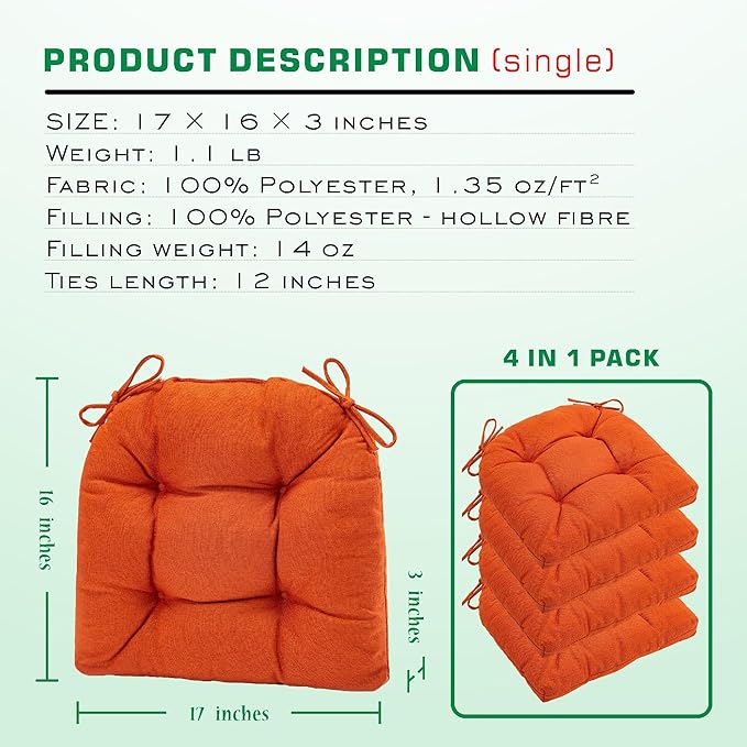 SQUARE MOON Chair Cushions for Dining Chairs, 3 Inch Thick Comfortable Kitchen Chair Pads, Dining Room Seat Cushions with Ties, Machine Washable, 17" x 16" x 3", 4/Pack, Orange