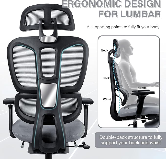 Ergonomic Office Chair with Footrest, High Back Computer Office Chair with Dynamic Lumbar Support, 2D Headrest, 4D Armrest, Sponge Seat, Mesh Home Office Desk Chair for Adults, Dark Grey