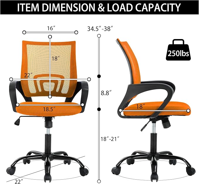Professional Office Chair with Lumbar Support - Breathable Mesh Back, Adjustable Height, Heavy-Duty 250lbs Weight Limit, Metal Base, Orange