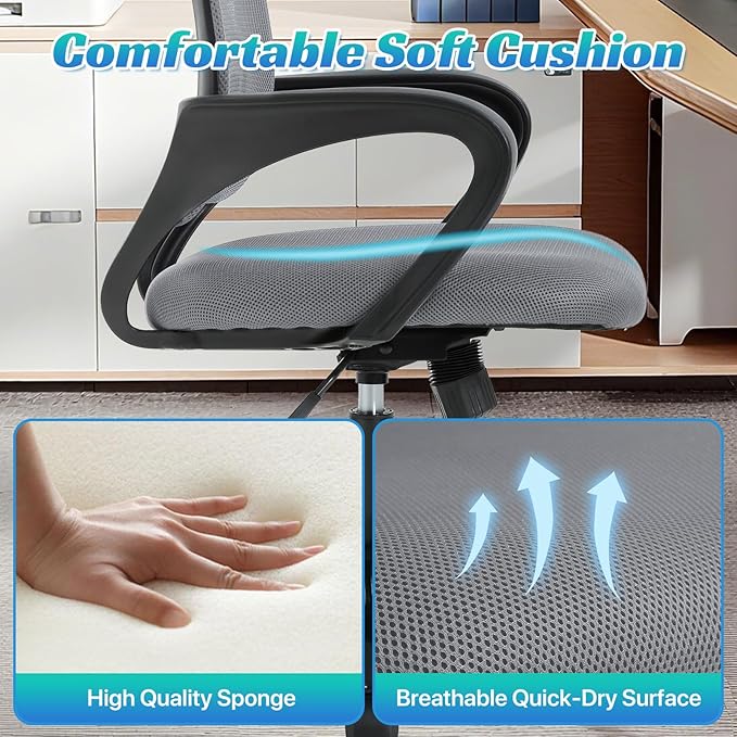 Ergonomic Office Chair Mesh Mid Back with Lumbar Support Armrest, Adjustable Home Desk Chair Comfy Computer Task Drafting Rolling Swivel Chairs for Gaming, Home Work, Study, Grey