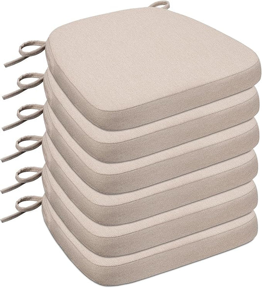 Sunsleek Chair Cushions for Dining Chairs, D-Shaped Seat Cushions with Removable Washable Cover and Ties, Chair Pads for Kitchen, Indoor Dining Room, Patio Chairs, 17'' x 16'', Set of 6, Beige