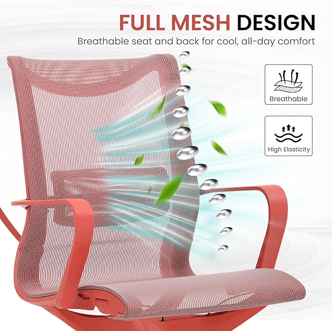 LuxErgo Ergonomic Mesh Office Chair, Mid Back Desk Chair with Lumbar Support & Armrests, Height Adjustable, 115° Recline, 360° Swivel Rolling Task Chairs for Home Office, Red
