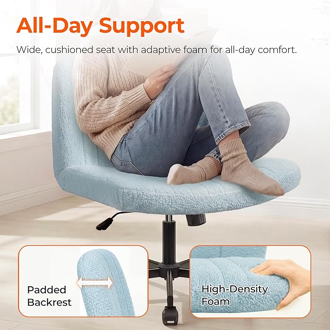 Orange Factory Criss Cross Chair Wheels Vanity Chair Office Desk Comfy Wide Cross Legged Armless Teddy Fabric Adjustable Swivel for Home Computer Task (Blue, Teddy Fleece)