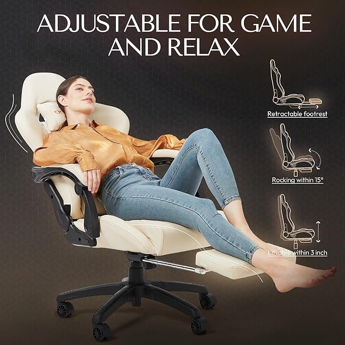 Dowinx Big & Tall Vintage Gaming Chair for Adults, 400 lb Capacity Heavy Duty Ergonomic Computer Chair with Massage Lumbar, Footrest & Easy Side Recline, Ivory