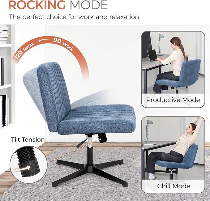 Orange Factory Criss Cross Chair No Wheel Wide Cross Legged Office Desk Vanity Chair Comfy Fabric Armless Adjustable Swivel for Home Computer Task (Blue No Wheel, Classic Fabric)