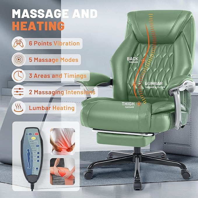 Massage Office Chair with Heat & Foot Rest, 6 Points Vibration, Ergonomic Executive Reclining Desk Chair, PU Leather Padded Seat for Home Office Comfort