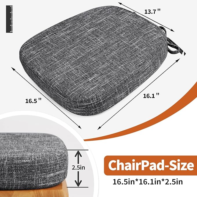 SINOSSO Thickened 2.5" Dining Chair Cushions, Soft Blended High Density Support Foam Kitchen Seat Cushions with Ties, U-Shaped Non-Slip Indoor Chair Pads, 16.5" x 16", 2 PCS, Light Gray