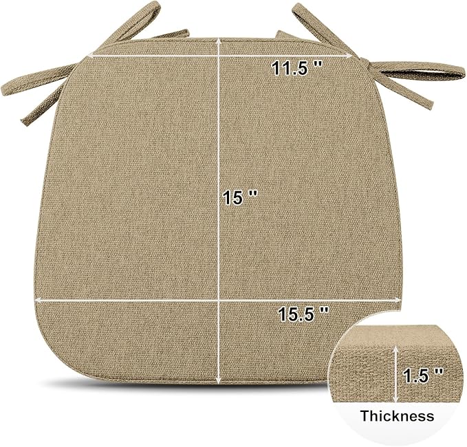 Shinnwa Dining Chair Cushions Set of 4, Non Slip Seat Cushions for Kitchen Chairs with Ties, 4 Pack, 15 x 15.5 inches, Natural Linen