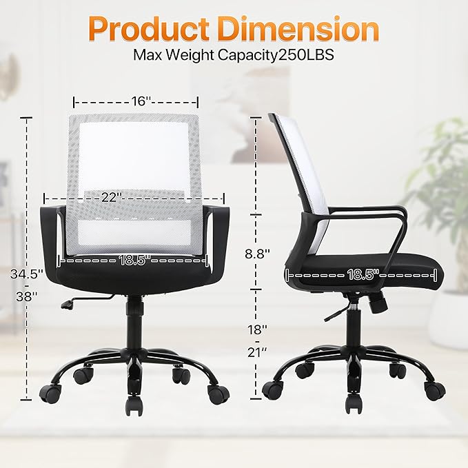 Ergonomic Office Chair, Comfortable Home Desk Chair, Breathable Mesh Back Computer Chair and Lumbar Support, Adjustable Height, Sponge Seat, White