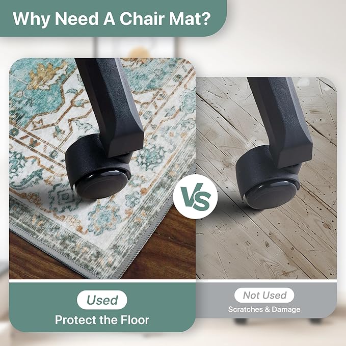 36"x48" Office Chair Mat for Hardwood Tile Floor, Under Desk Carpet Protector for Rolling Computer Chair Mat, Machine Washable Area Rug, Anti-Slip 1/5" Thick Low Pile Thin Vinyl Floor Mat, Cyan