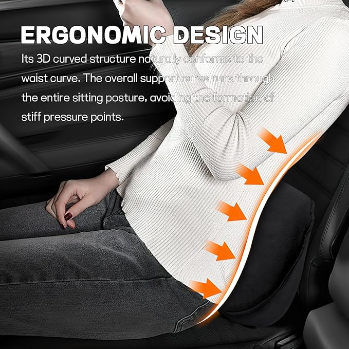 wuyaoyao Lumbar Support Pillow for Car, Memory Foam Auto Seat Lower Back Support Cushion for Back Pain Relief, Ergonomic Comfortable Driving Seat Lumbar Pillow, Universal Car Accessories (Black)
