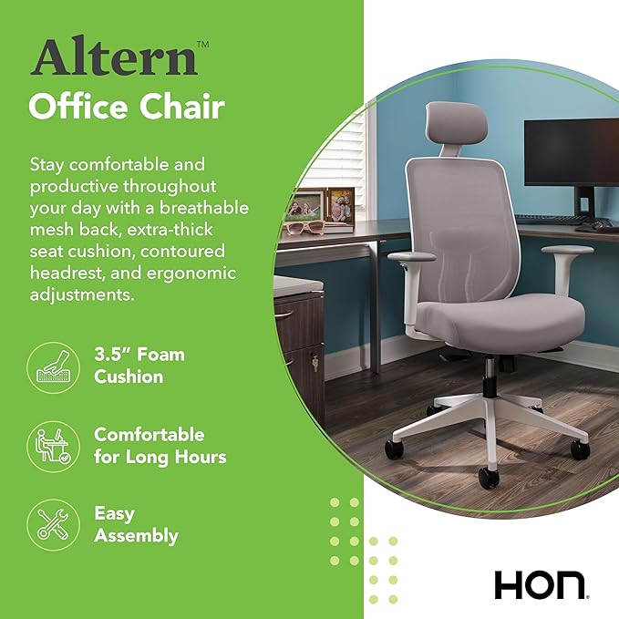 HON Altern Ergonomic Office Chair with Headrest, Arms, Wheels, Foam Cushion Seat, Mid Back Home Office Desk Chair Comfy, Gaming Chair, Height Adjustable Arms, Synchro-Tilt, White Frame, Bark