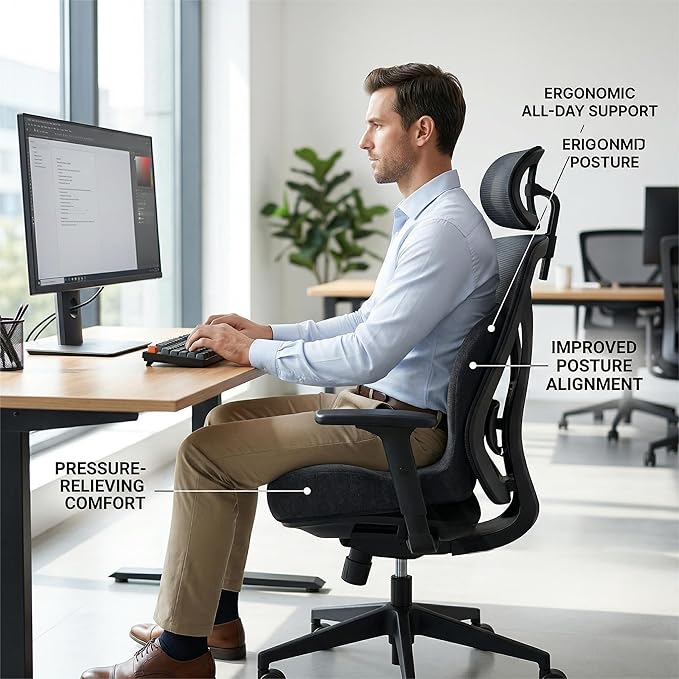 Orthopedic Memory Foam Car Seat Cushion for Sciatica & Back Pain Relief - Ergonomic Non-Slip Office Chair Cushion & Car Cushions for Long Driving with Lumbar Support, Universal Fit (Grey)