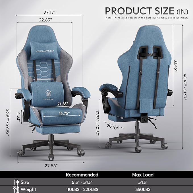 Dowinx Gaming Chair Fabric Big and Tall with Pocket Spring Cushion, Massage Game Chair Cloth with Headrest, Ergonomic Computer Chair with Footrest 350LBS, Blue