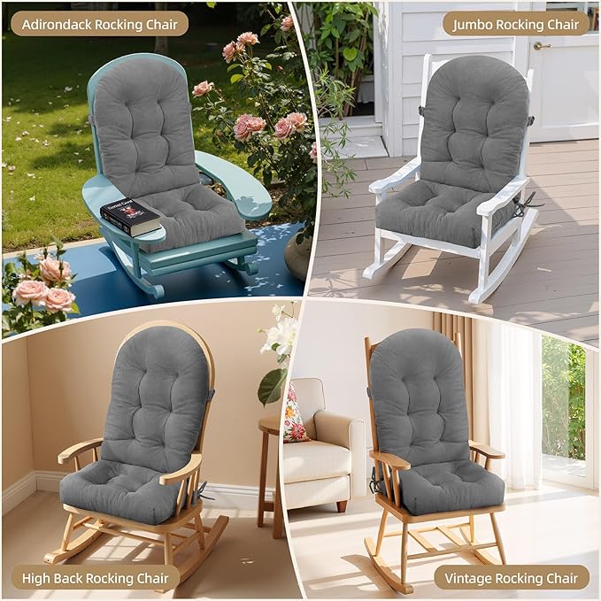 Rocking Chair Cushion - Plaid Corduroy Fabric, High-Density Sponge, Durable Comfort Non-Slip Bottom Tufted Seat Pads with Ties, Plaid Corduroy︱Grey, 44x19x4 inch