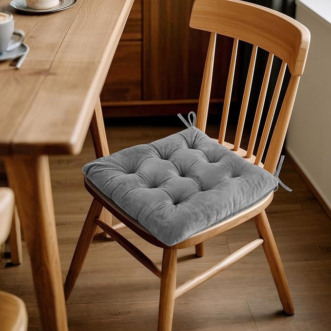 ELFJOY 4 Pack Chair Cushions for Dining Chairs Chair Pads Cushion for Kitchen Office Tufted Square Seat Cushion with Ties (16" Grey Velvet)