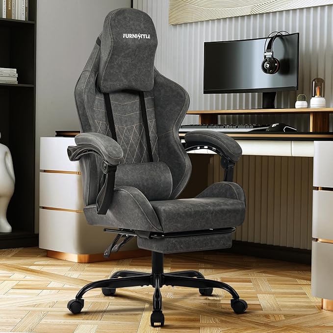 Gaming Chair Video Game Chairs with Large Headrest, Linkage Armrests, Retro PU Leather Ergonomic Computer Chair for Gaming or Office, Grey