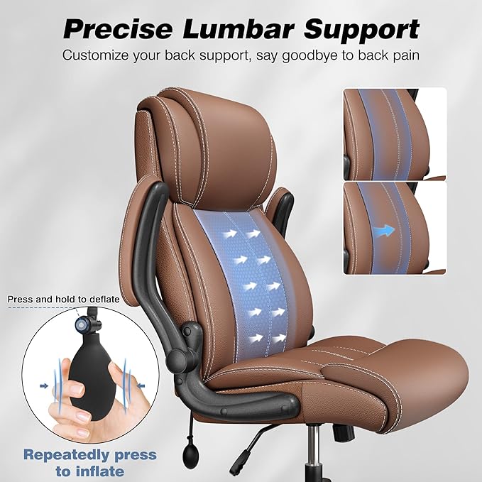 BESTFAIR Ergonomic Office Chair - Desk Computer Chair, Leather High Back Executive Chairs with Adjustable Lumbar Support & Flip Up Arms, Brown 6 Pack