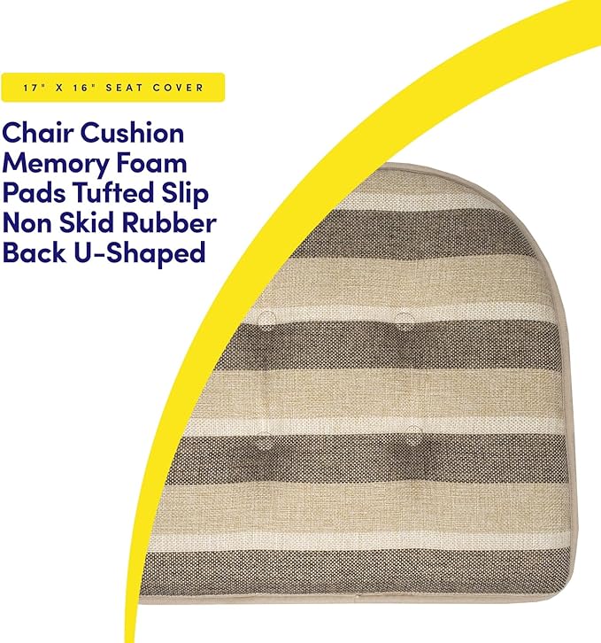 Sweet Home Collection Chair Cushion Memory Foam Pads Tufted Slip Non Skid Rubber Back U-Shaped 16.5" x 15.5" Seat Cover, 4 Pack, Bradford Beige/Brown