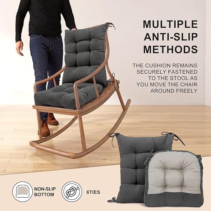Lokex Rocking Chair Cushion Only,Tufted Non-Slip Comfortable Rocking Chair Cushions Indoor with Ties,Striped Rocking Chair Pads (Dark Gray, 28x18/18x18)
