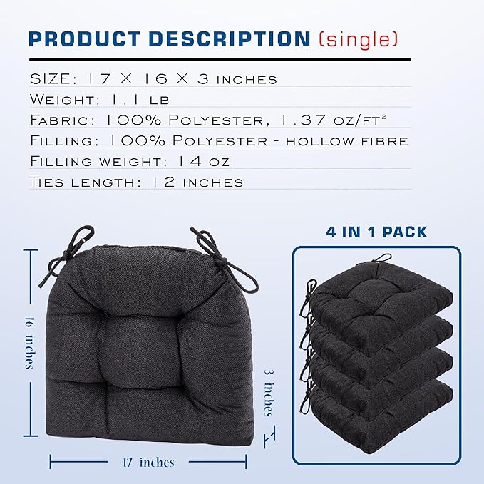 SQUARE MOON D-Shaped 3" Thick Chair Cushions, Chair Pads for Dining Chairs and Kitchen Chairs, Indoor Dining Room Seat Cushions with Ties, Machine Washable, 17" x 16" x 3", 4/Pack, Black