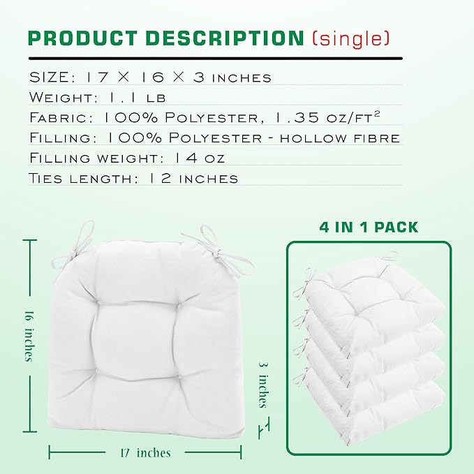 SQUARE MOON Chair Cushions for Dining Chairs, 3 Inch Thick Comfortable Kitchen Chair Pads, Dining Room Seat Cushions with Ties, Machine Washable, 17" x 16" x 3", 4/Pack, White