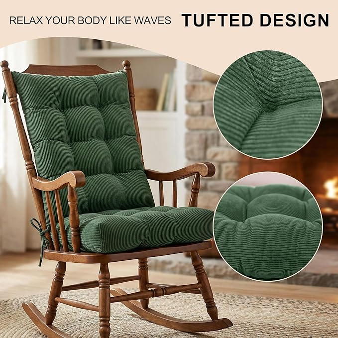 Lokex Rocking Chair Cushion Only,Tufted Non-Slip Comfortable Rocking Chair Cushions Indoor with Ties,Striped Rocking Chair Pads (Green, 28x18/18x18)