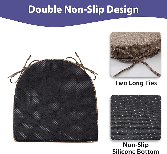 IPYNBAP Chair Cushions for Dining Chairs, Kitchen Chair Cushions, 16'' x 16'' x 2'', Non Slip Indoor Seat Cushions, Chair Pads for Dining Chairs with Ties & Removable Cover, Set of 2, Brown