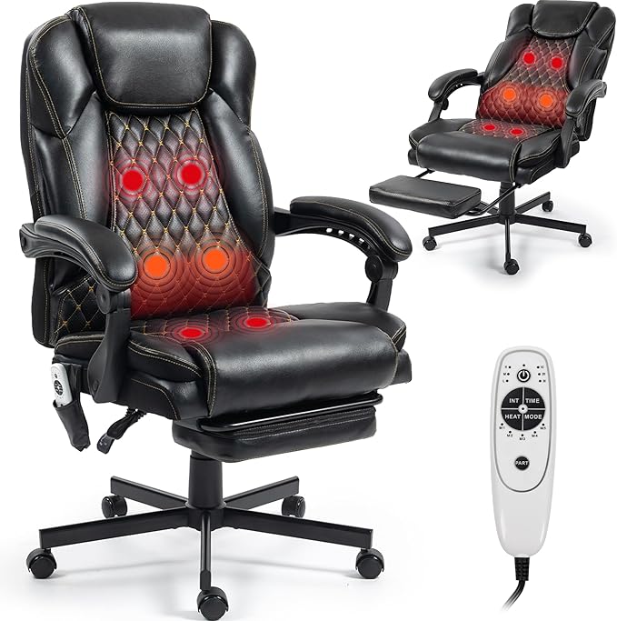 Massage Office Chair with Footrest, 6 Points Vibration Heating Executive Chair, Ergonomic Home Office Desk Chair with Linkage Armrest, Reclining Backrest, Lumbar Support, PU Leather, Black