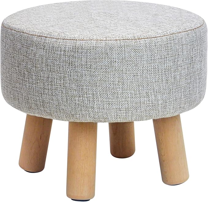 H&B Luxuries Fabric Round Padded Ottoman Foot Rest Stool (4 Legs-Simple Linen)