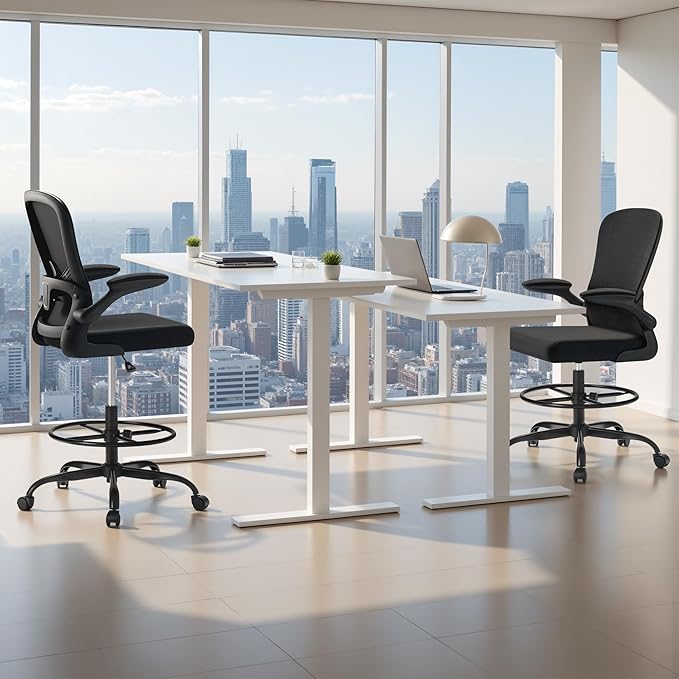 Devoko Ergonomic Drafting Chair with Flip-up Armrests,Executive Tall Office Chair Standing Chair with Lumbar Support and Adjustable Footrest Ring for Standing Desk(Black)