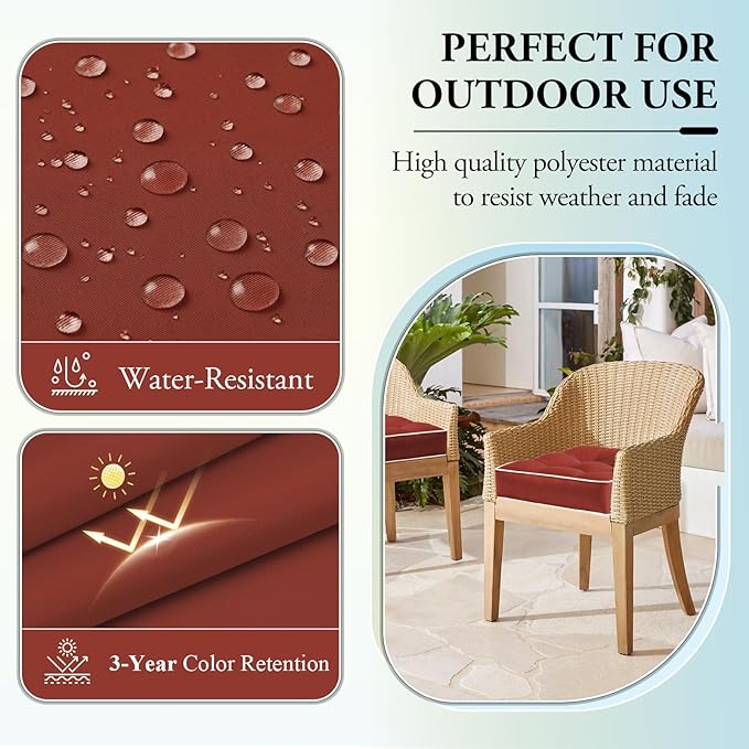 Wellsin Outdoor Chair Cushions Set of 2, Patio Cushions for Outdoor Furniture, Tufted Water-Resistant Outdoor Chair Pads, 19 x 19 Inch, Brick Red