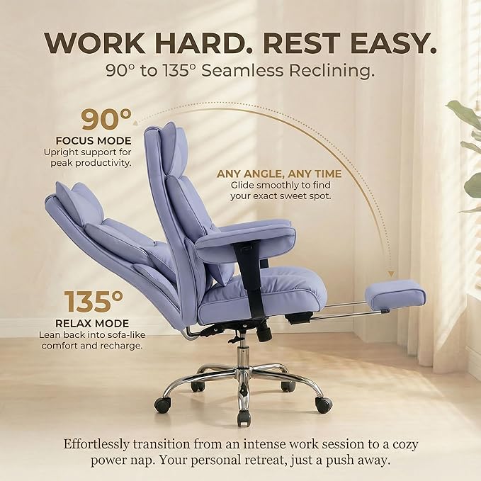 Efomao Big and Tall Office Chair 400lbs - Heavy Duty Reclining Desk Chair with Footrest, Spacious High Back PU Leather Executive Chair, Double-Layer Spring Support, Purple