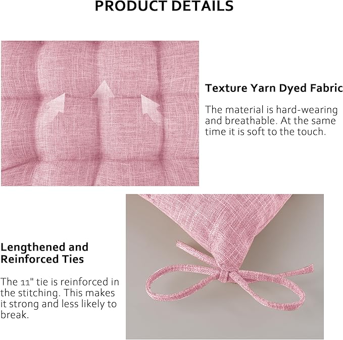 ELFJOY 4 Pack Chair Cushions for Dining Chairs Chair Pads Cushion for Kitchen Office Tufted Textured Square Seat Cushion with Ties (16" Light Pink)