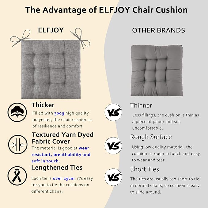 ELFJOY 4 Pack Chair Cushions for Dining Chairs Chair Pads Cushion for Kitchen Office Tufted Textured Square Seat Cushion with Ties (16" Light Grey)