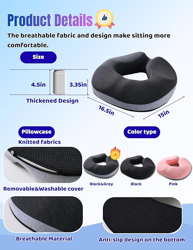 Donut Pillow for Tailbone Pain,Memory Foam Hemorrhoids Pillow for Sciatica Pain,Relief Ergonomic Donut Seat Cushion for Office Chair,Car,Wheelchair,Pregnancy,Coccyx and Washable(Black&Gray)