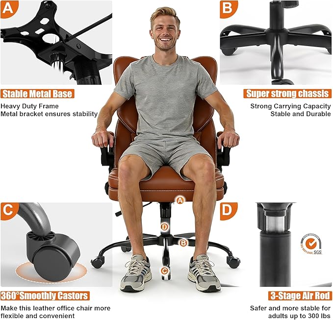 Ergonomic Office Chair with Flip-up Armrests, 300lbs Mid Back Computer Office Desk Chair with Lumbar Support, Executive Leather Chair with Rocking Function Adjustable Height for Home Office