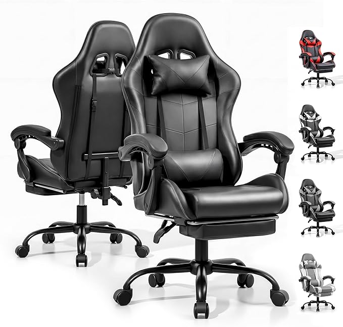 Gaming Chair, Ergonomic Computer Chair with Footrest and Lumbar Support, Height Adjustable Office Chair with 360° Swivel Seat and Headrest (Black)