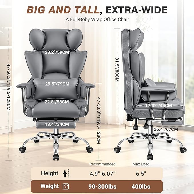 ALLGOD Office Chair Comfy, Big and Tall Executive Leather Chair, High Back Ergonomic Wide Chair with Footrest, Reclining Computer Desk Chair, Heavy Duty Gaming Chair with Padded Arm and Pillow, Grey
