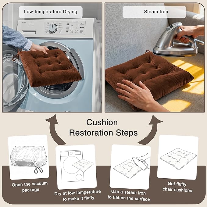 OVOV 4 Pack Chair Cushions for Dining Chairs Soft Seat Cushions for Kitchen Desk Chairs Square Chair Pads with Ties (15.5"x15.5" Coffee)
