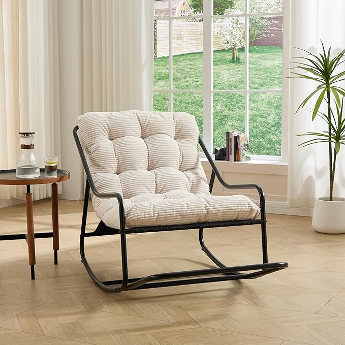 Rocking Chair with Foot Rest, Outdoor Indoor Rocking Lounge Chair with Cushion, Comfortable Patio Rocker Chairs for Patio, Porch, Garden, Living Room, Reading, Metal Frame, White