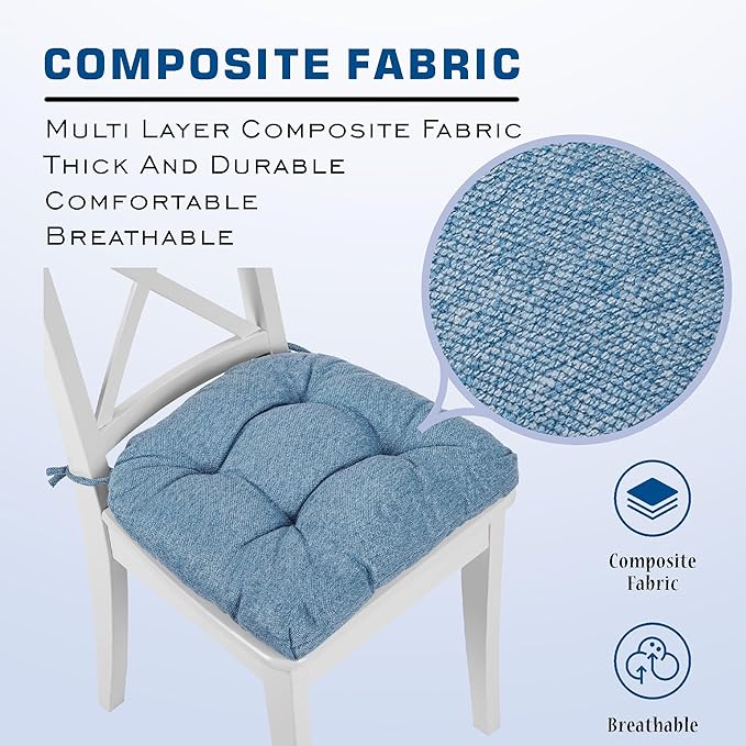 SQUARE MOON D-Shaped 3" Thick Chair Cushions, Chair Pads for Dining Chairs and Kitchen Chairs, Indoor Dining Room Seat Cushions with Ties, Machine Washable, 17" x 16" x 3", 4/Pack, Light Blue