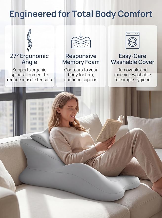 27°Ergonomic Contour Pillow-Memory Foam Back Support for Reading,Bed Rest&Post Surgery Recovery,Lumbar & Neck Pain Relief Cushion